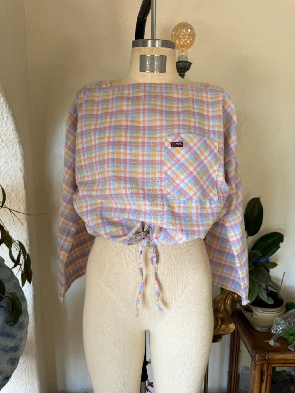 70s Vintage Sasson Pastel Plaid Long Sleeve Top VTG
